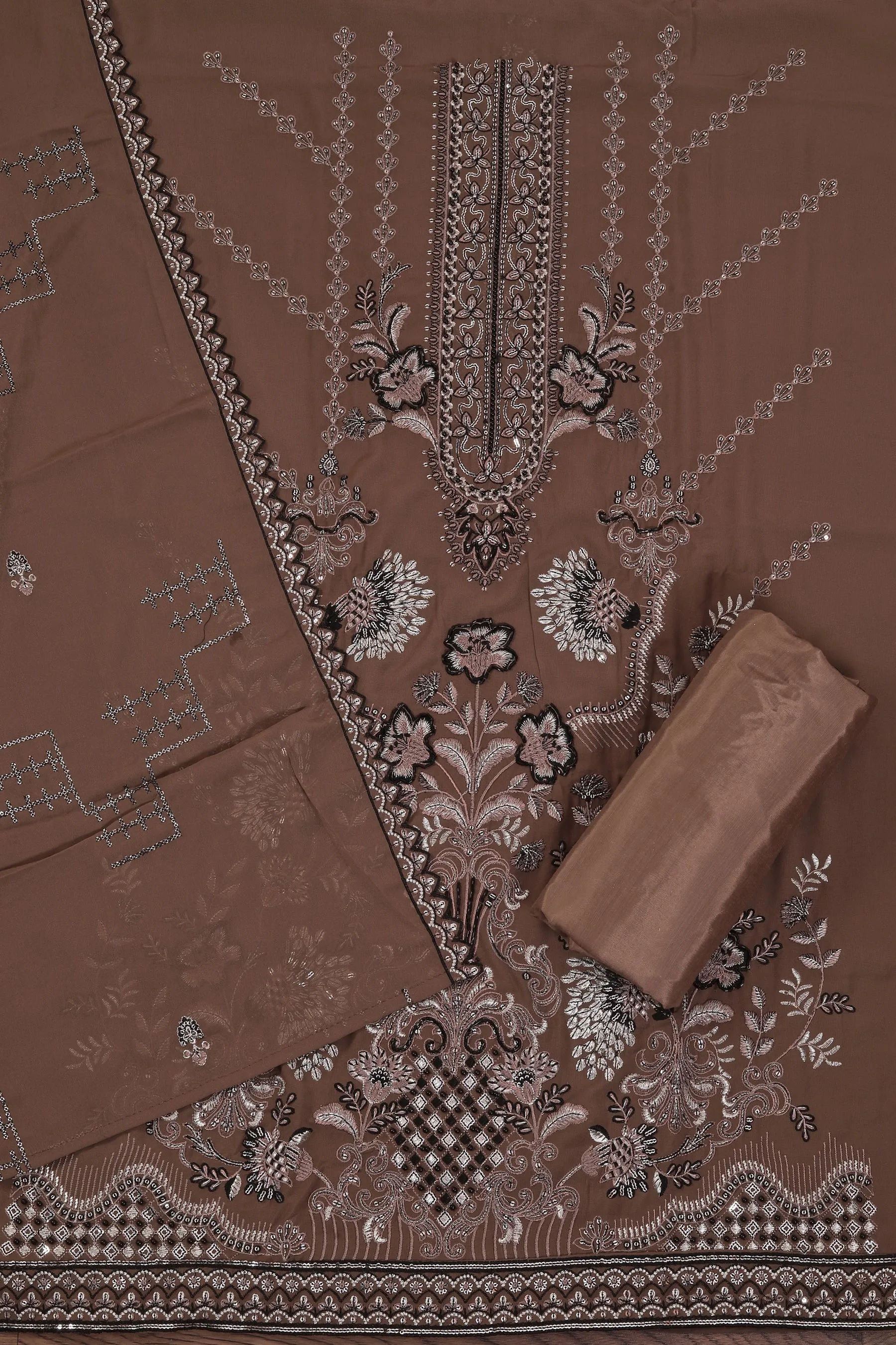 Brown Heavy Embroidered Poly Georgette Dress Material with Dupatta