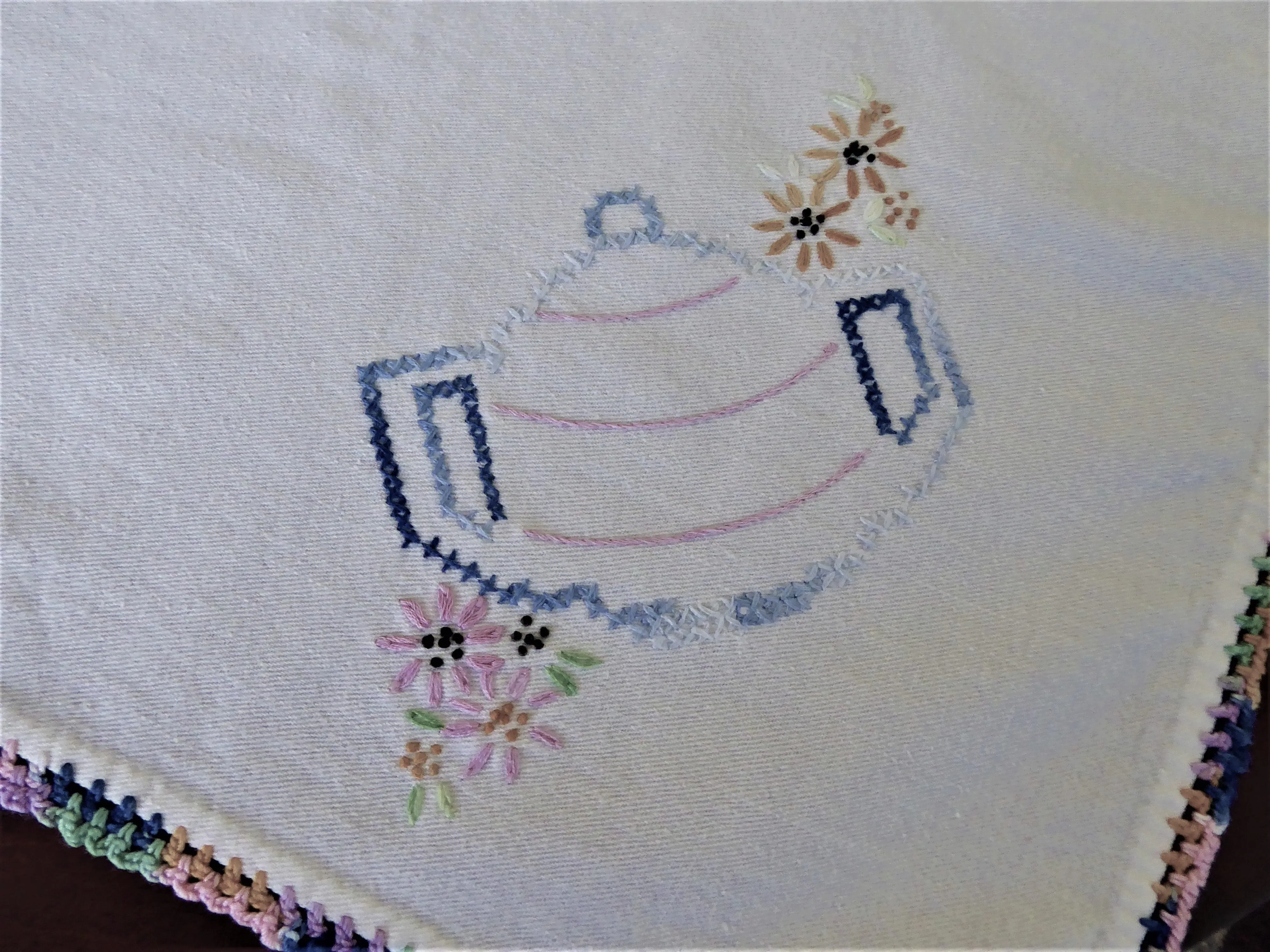 Tea Party Tea Cloth Tablecloth Cross Stitch Embroidered Linen 36 Inch Bridge 1950s